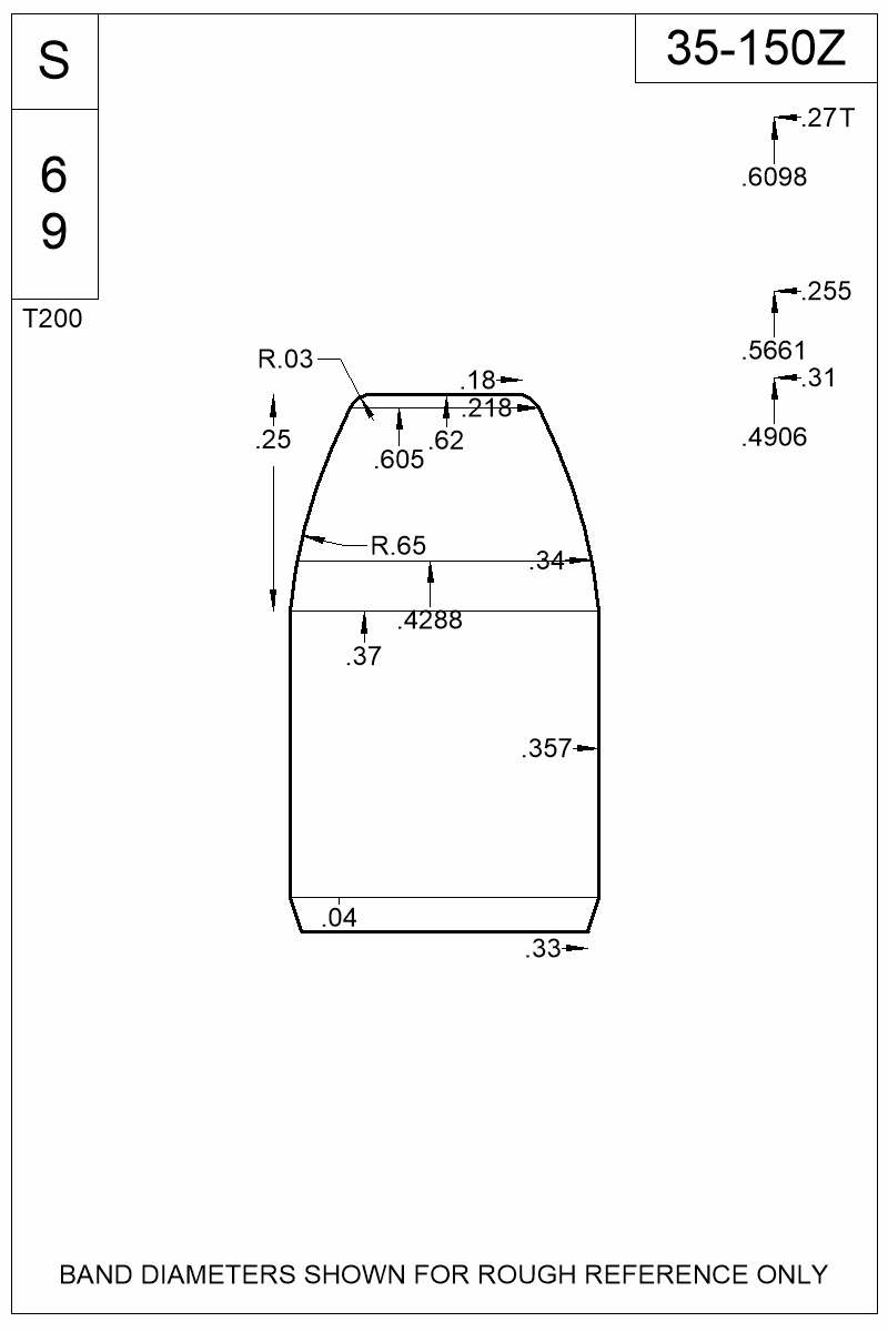 Accurate Molds catalog #35-150Z Dimensioned view of bullet 35-150Z.