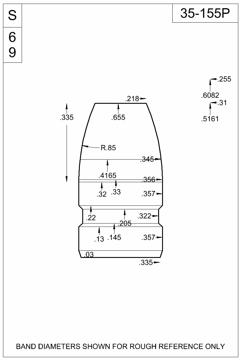 Accurate Molds catalog #35-155P Dimensioned view of bullet 35-155P.