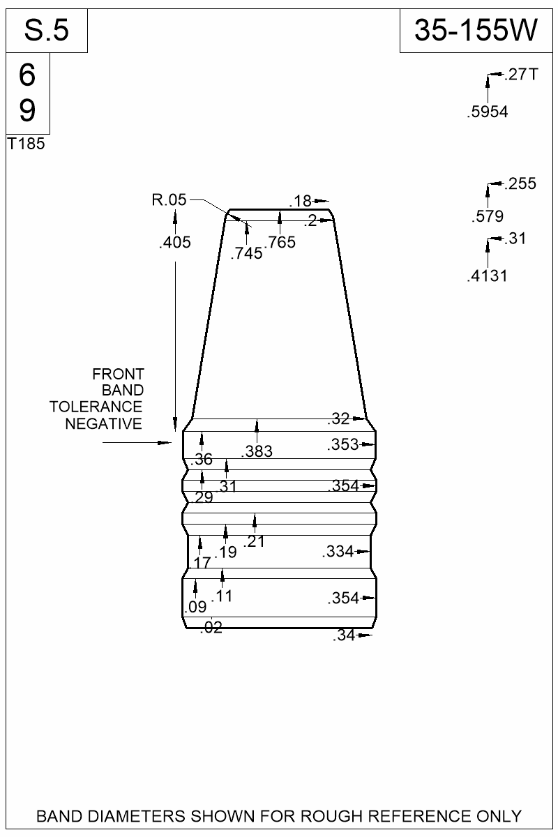 Accurate Molds catalog #35-155W Dimensioned view of bullet 35-155W.