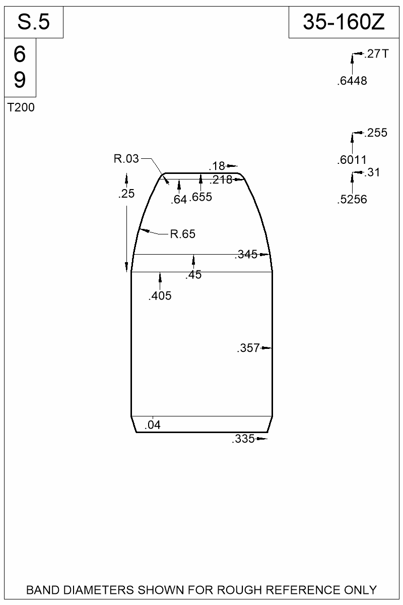 Accurate Molds catalog #35-160Z Dimensioned view of bullet 35-160Z.