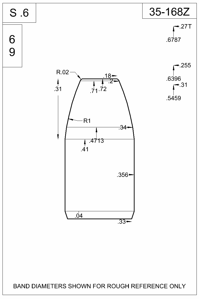 Accurate Molds catalog #35-168Z Dimensioned view of bullet 35-168Z.