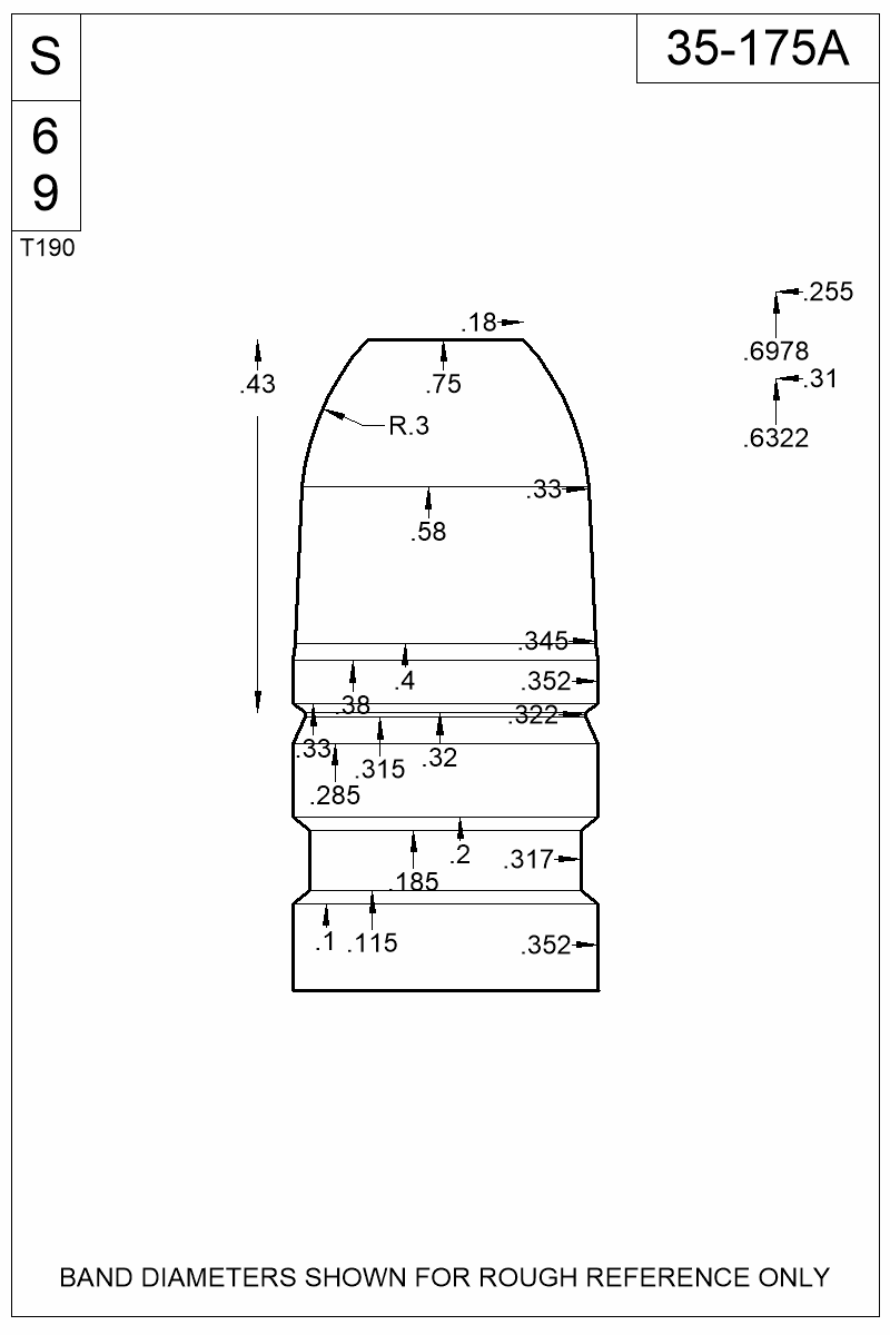 Accurate Molds catalog #35-175A Dimensioned view of bullet 35-175A.