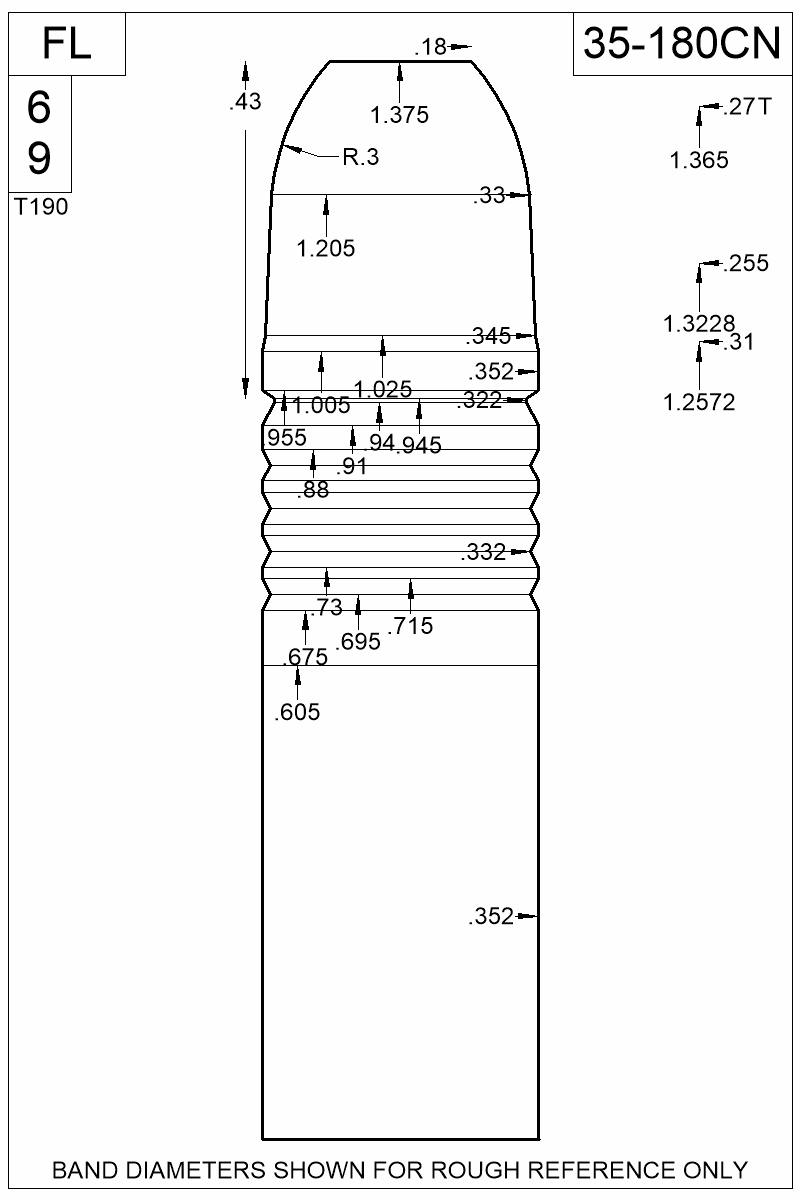Accurate Molds catalog #35-180CN Dimensioned view of bullet 35-180CN.