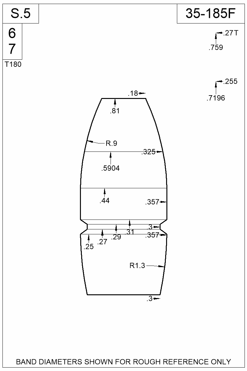Dimensioned view of bullet 35-185F