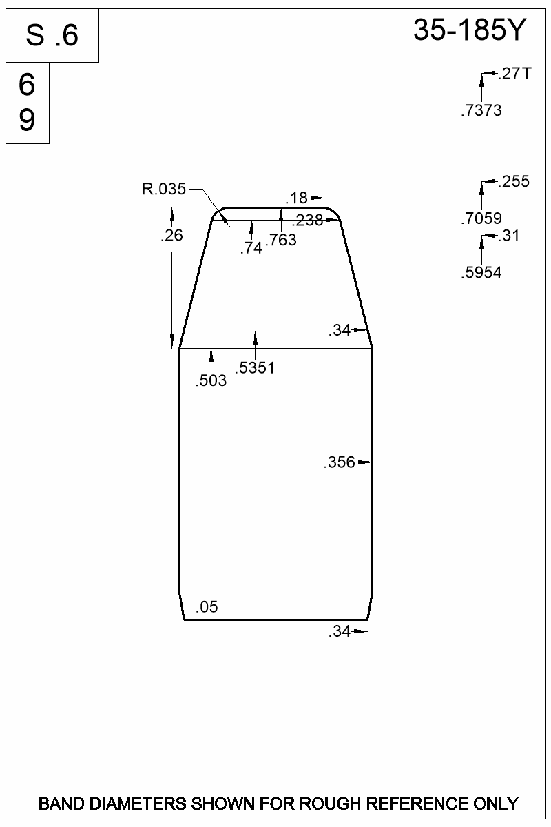 Dimensioned view of bullet 35-185Y