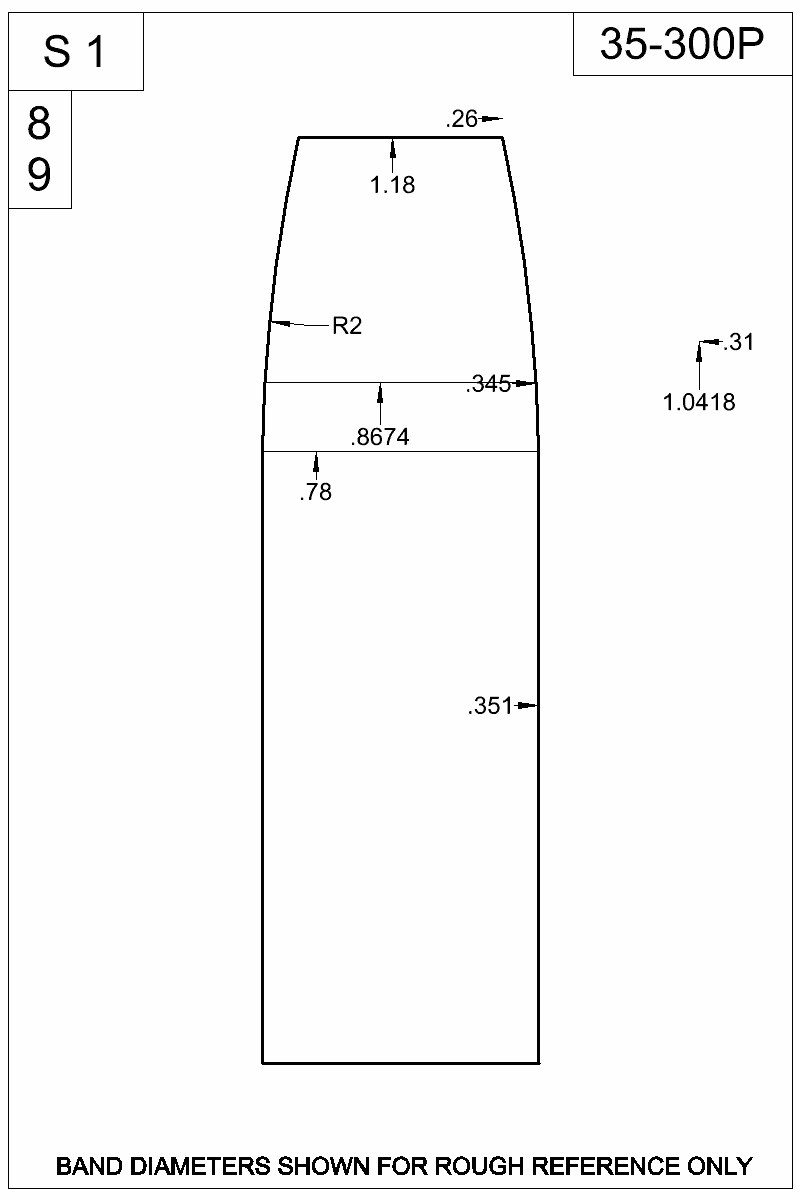Dimensioned view of bullet 35-300P