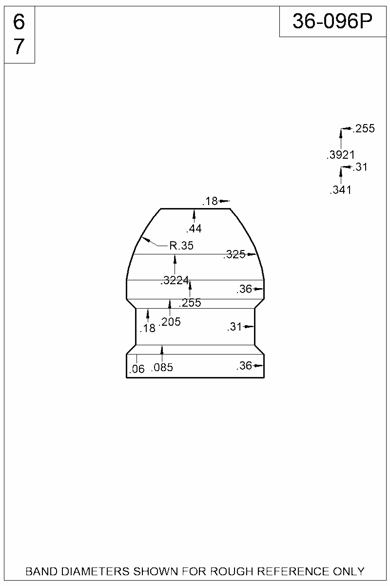 Dimensioned view of bullet 36-096P