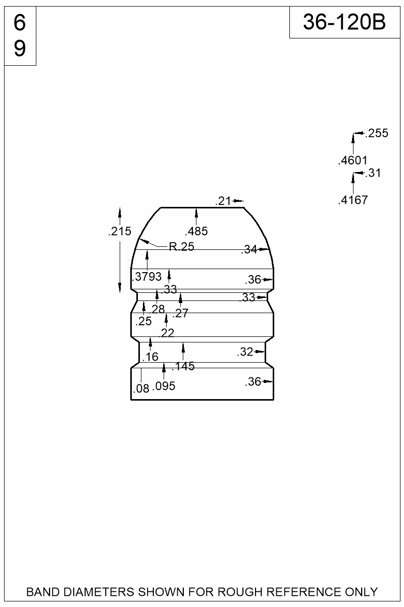 Accurate Molds catalog #36-120B Dimensioned view of bullet 36-120B