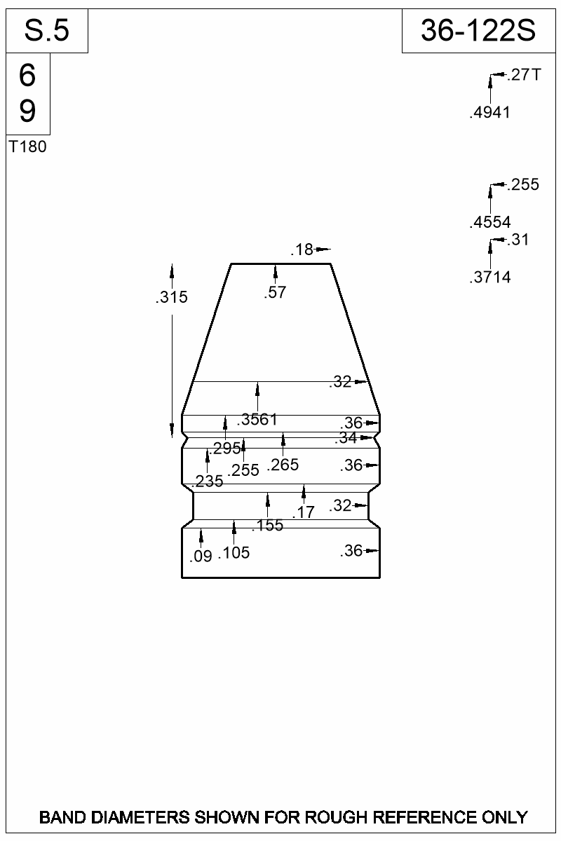 Dimensioned view of bullet 36-122S