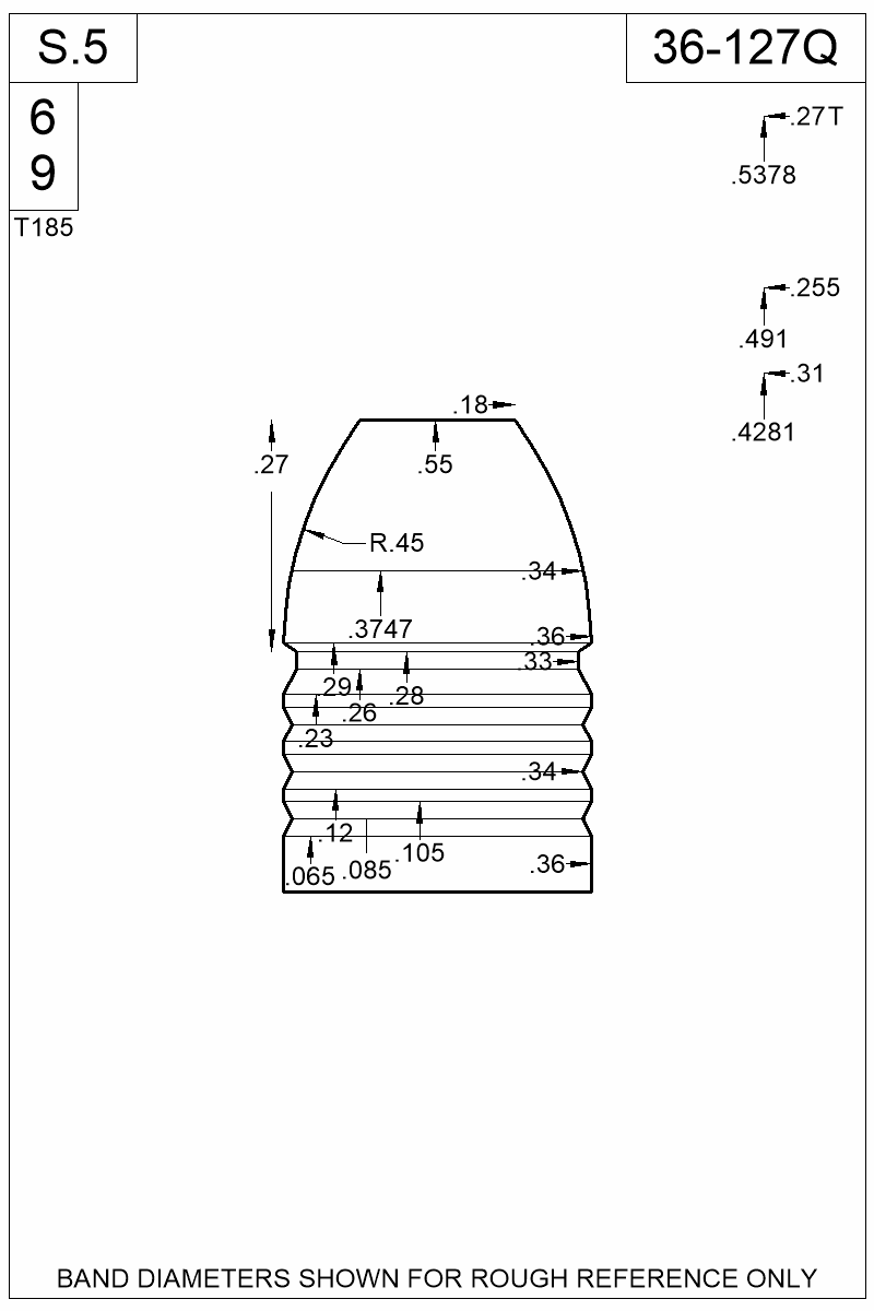 Dimensioned view of bullet 36-127Q