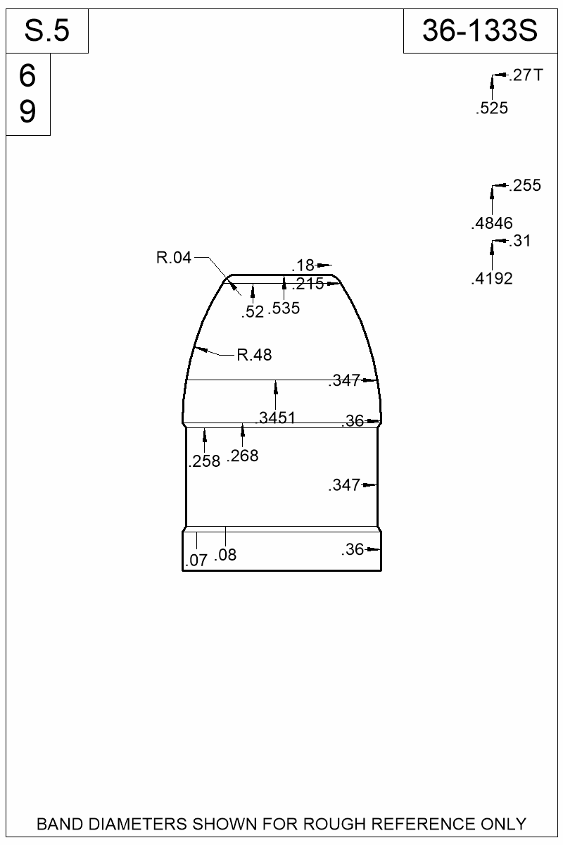 Dimensioned view of bullet 36-133S