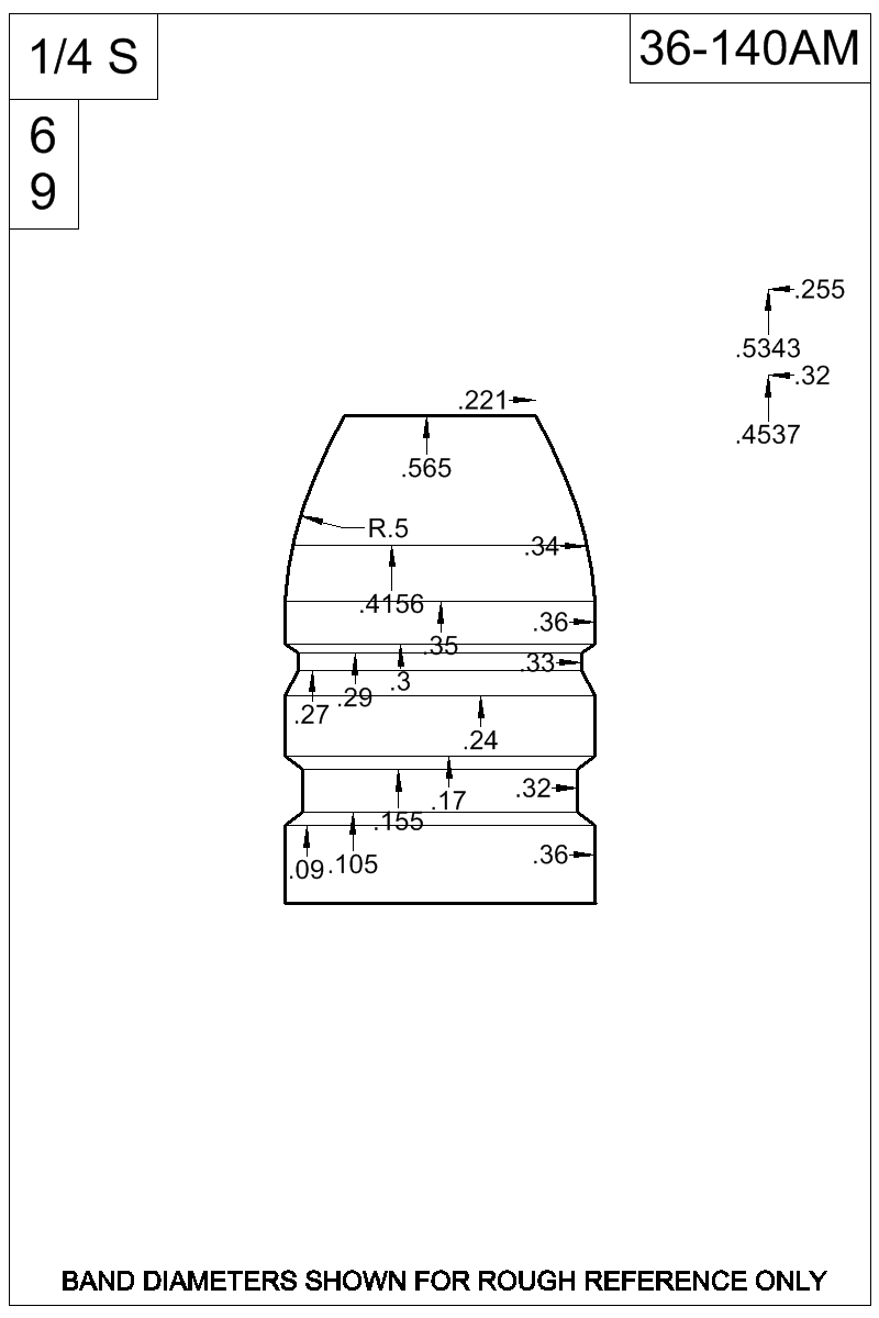 Dimensioned view of bullet 36-140AM