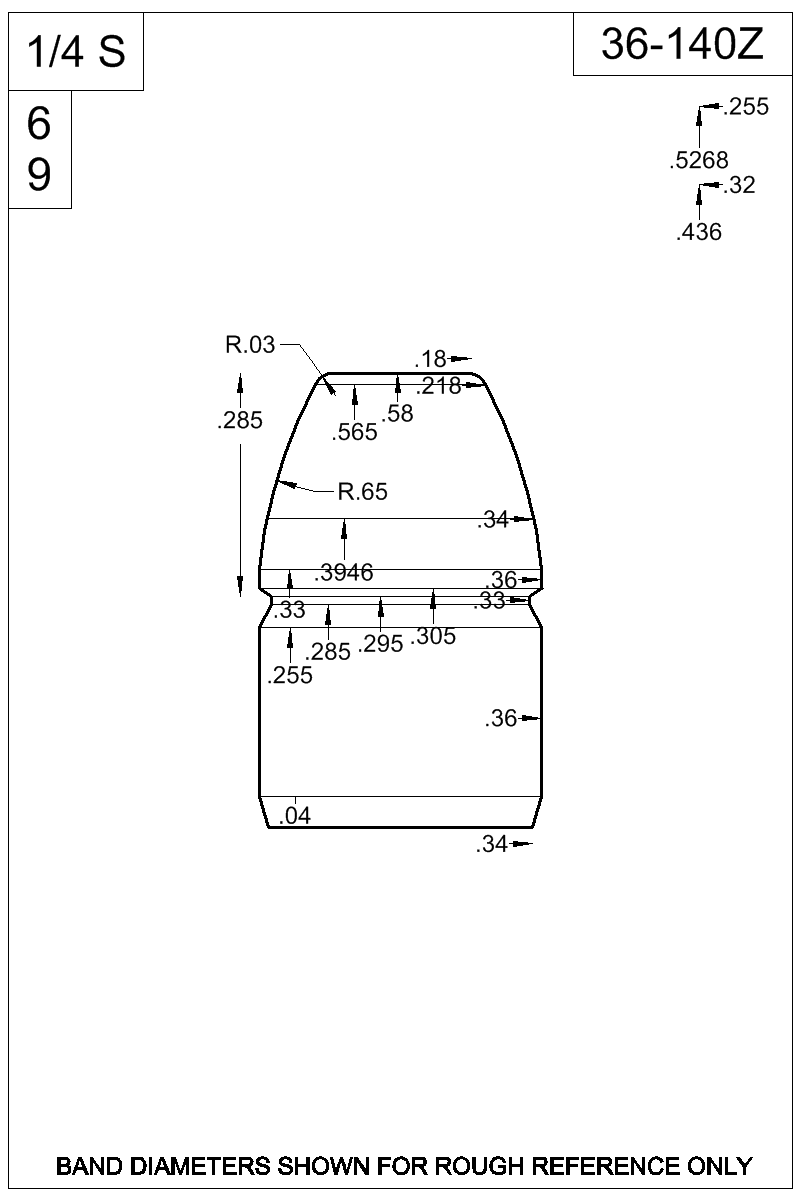 Dimensioned view of bullet 36-140Z