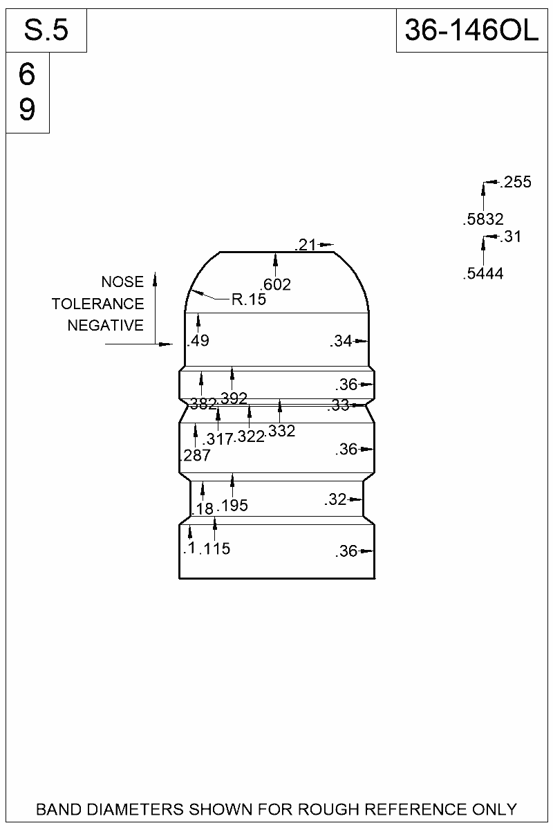 Dimensioned view of bullet 36-146OL