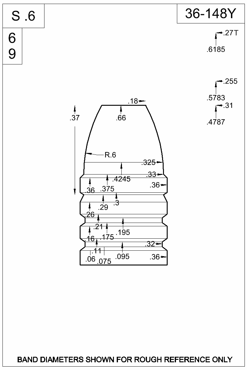 Dimensioned view of bullet 36-148Y