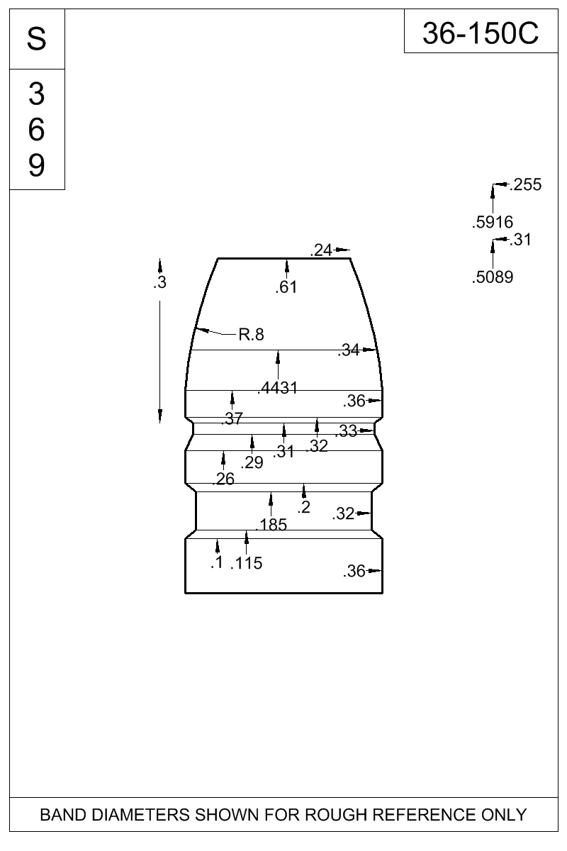 Accurate Molds catalog #36-150C Dimensioned view of bullet 36-150C