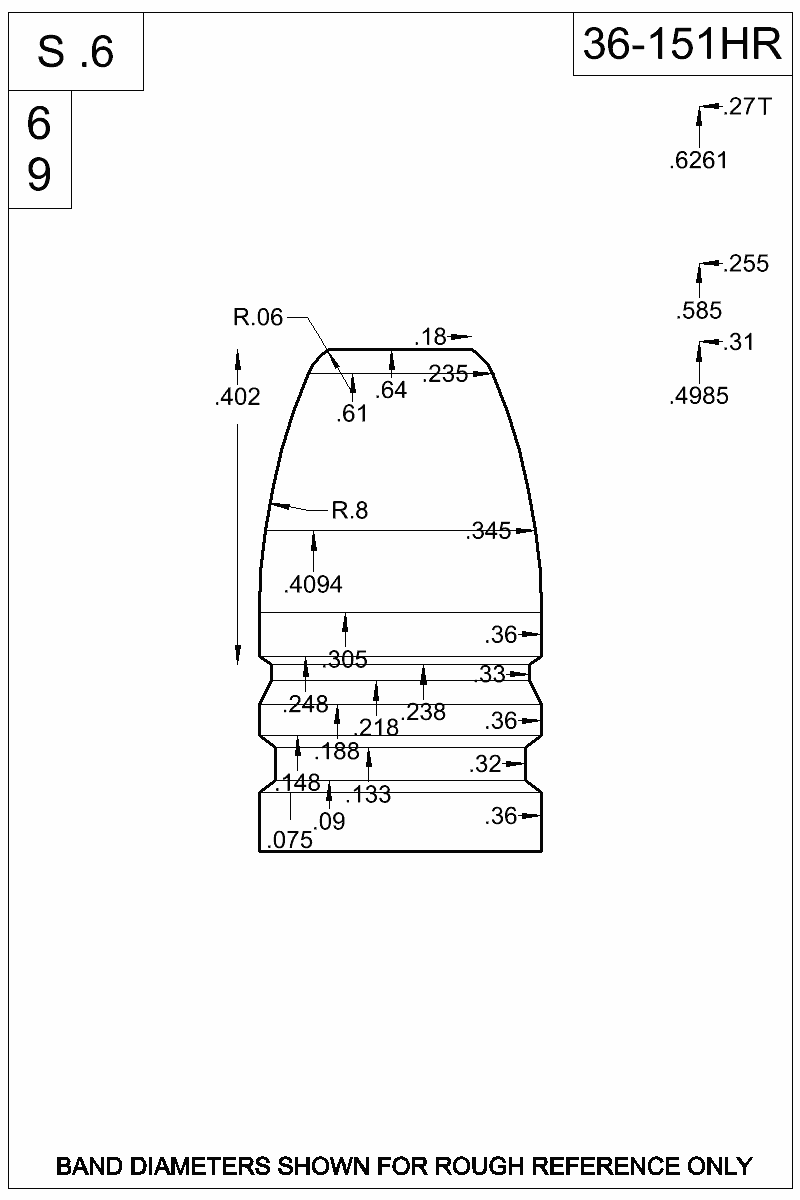 Accurate Molds catalog #36-151HR Dimensioned view of bullet 36-151HR