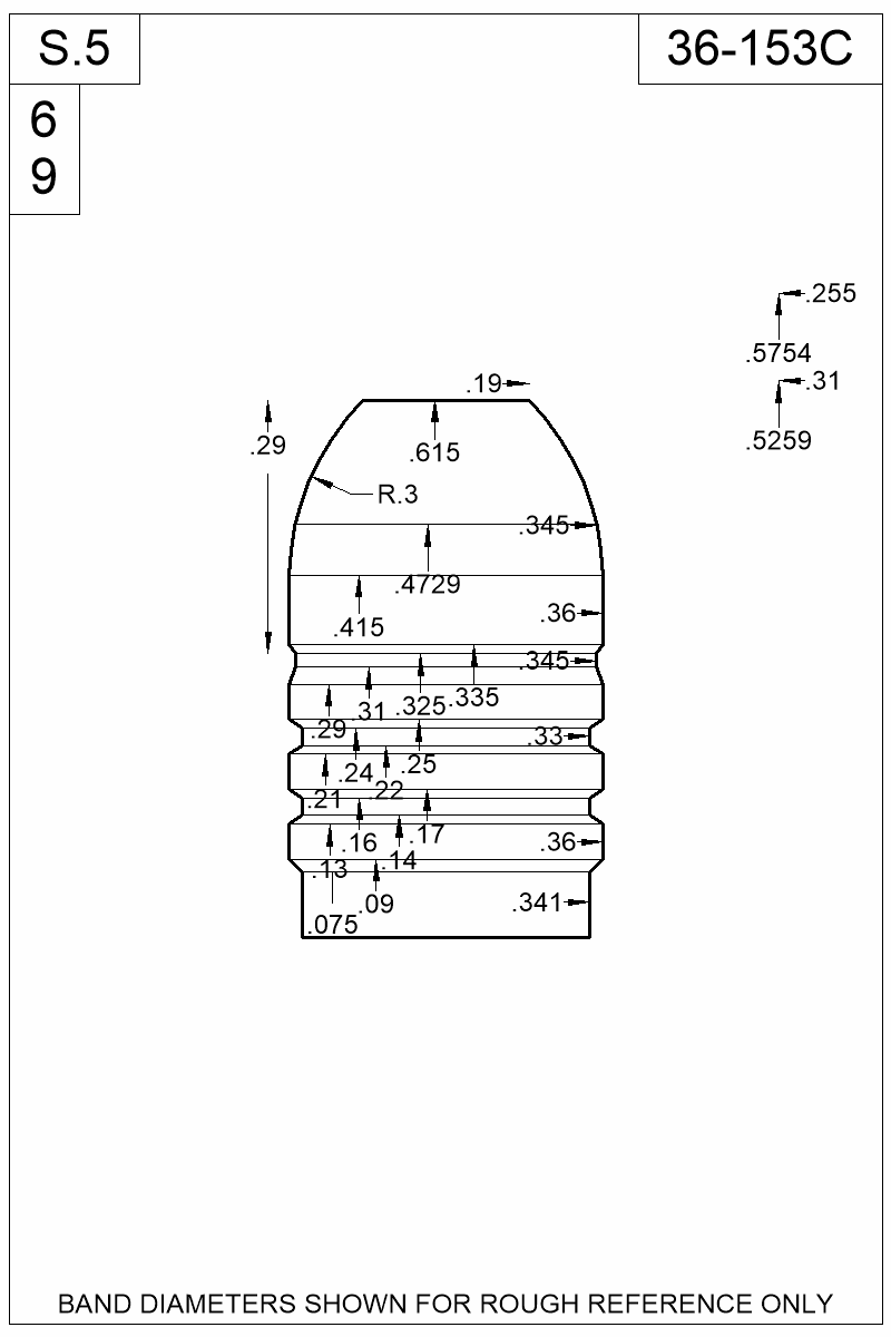 Dimensioned view of bullet 36-153C