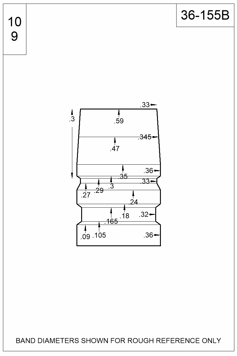 Accurate Molds catalog #36-155B Dimensioned view of bullet 36-155B