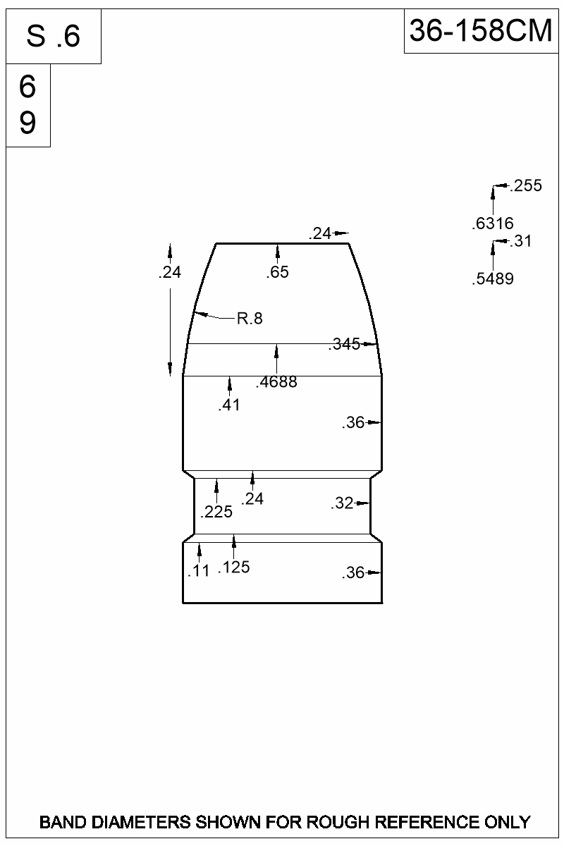 Dimensioned view of bullet 36-158CM
