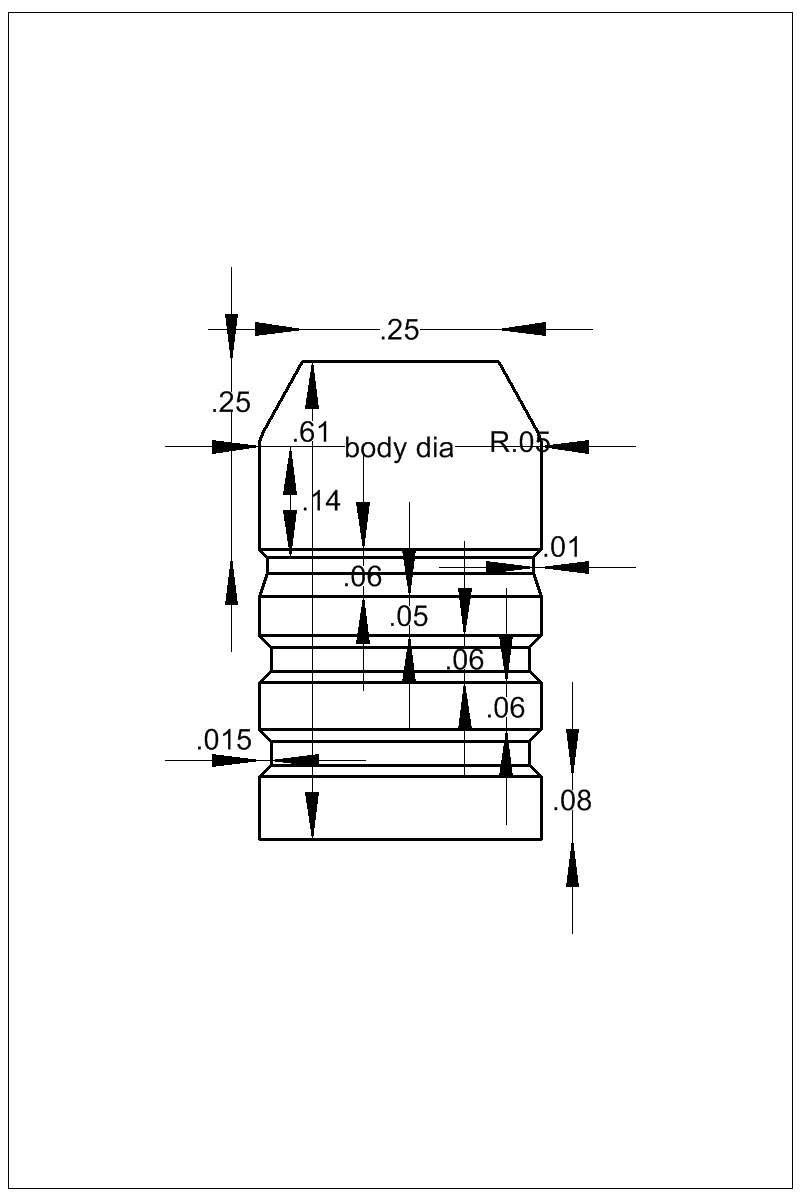 Accurate Molds catalog #36-160E Dimensioned view of bullet 36-160E