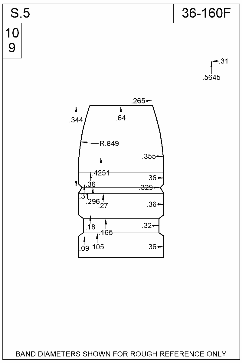 Dimensioned view of bullet 36-160F