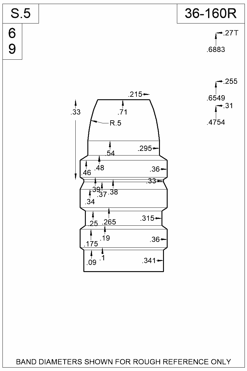 Dimensioned view of bullet 36-160R