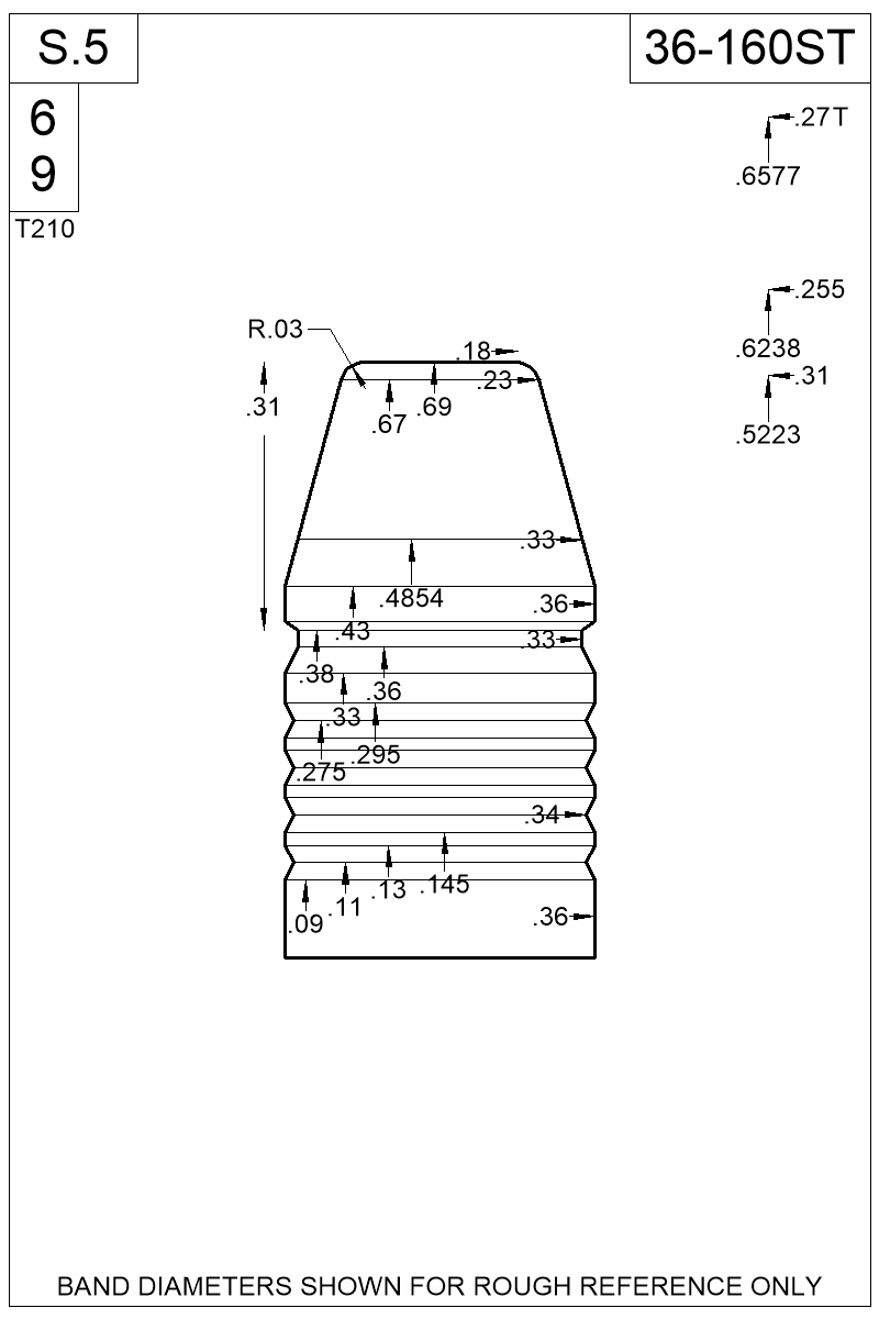 Dimensioned view of bullet 36-160ST