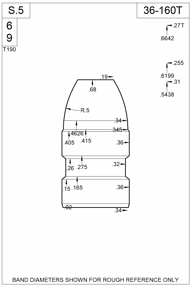 Dimensioned view of bullet 36-160T