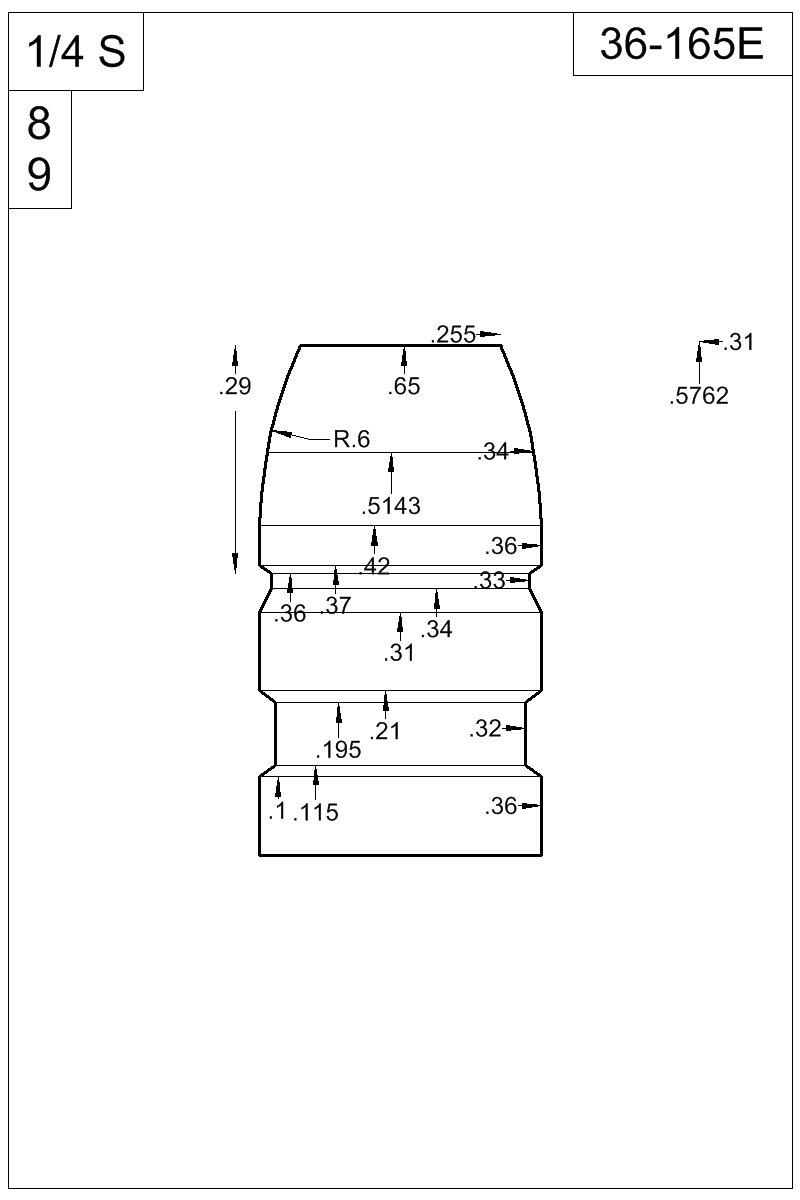 Dimensioned view of bullet 36-165E