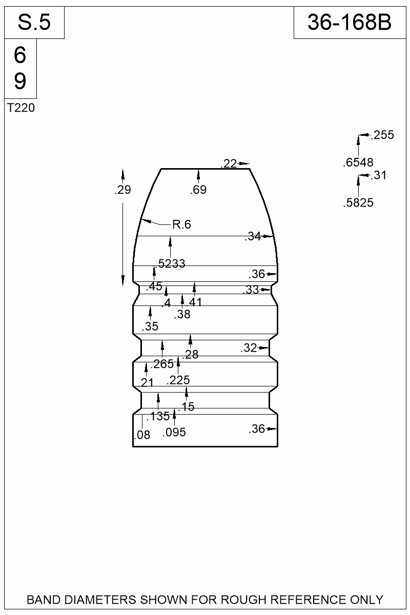 Dimensioned view of bullet 36-168B