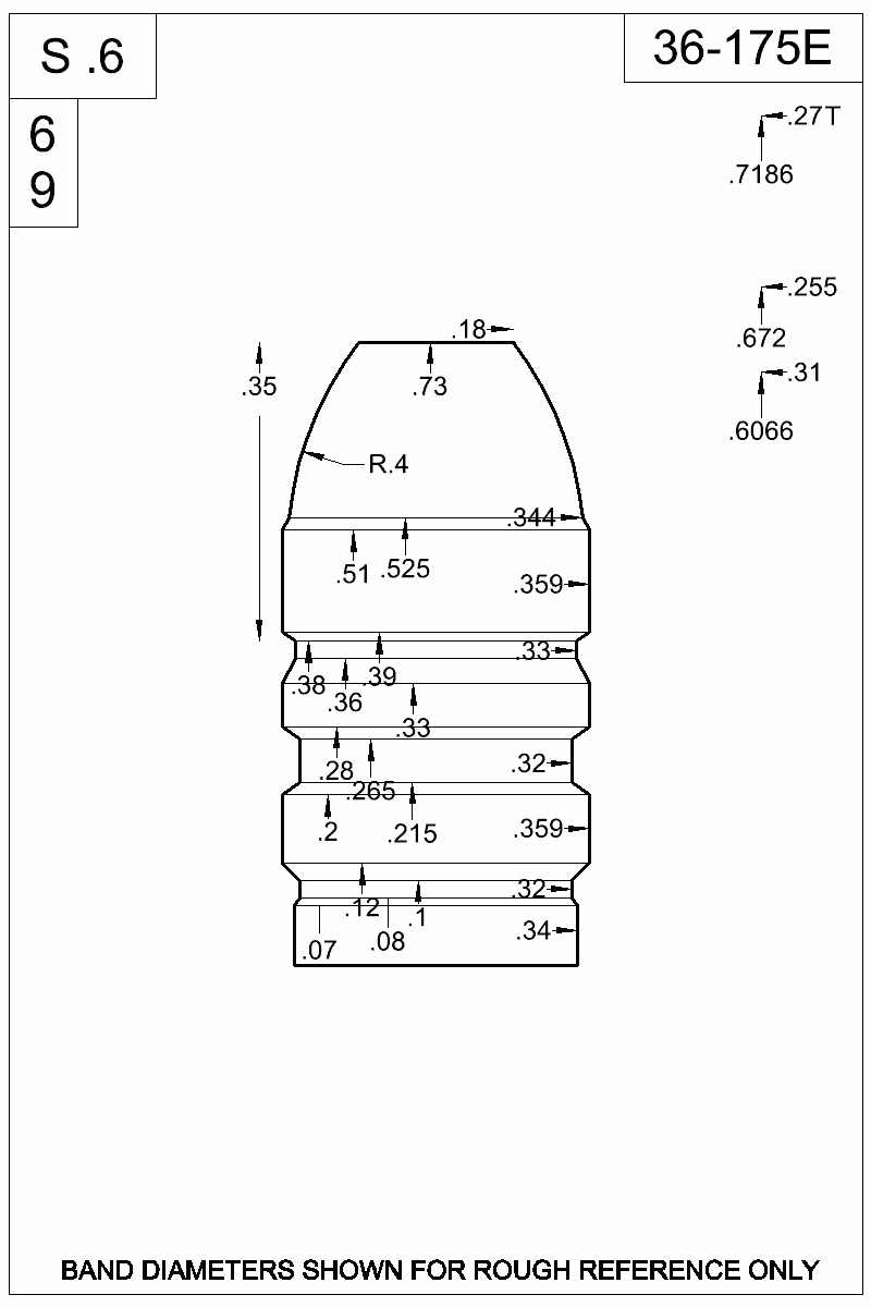 Dimensioned view of bullet 36-175E