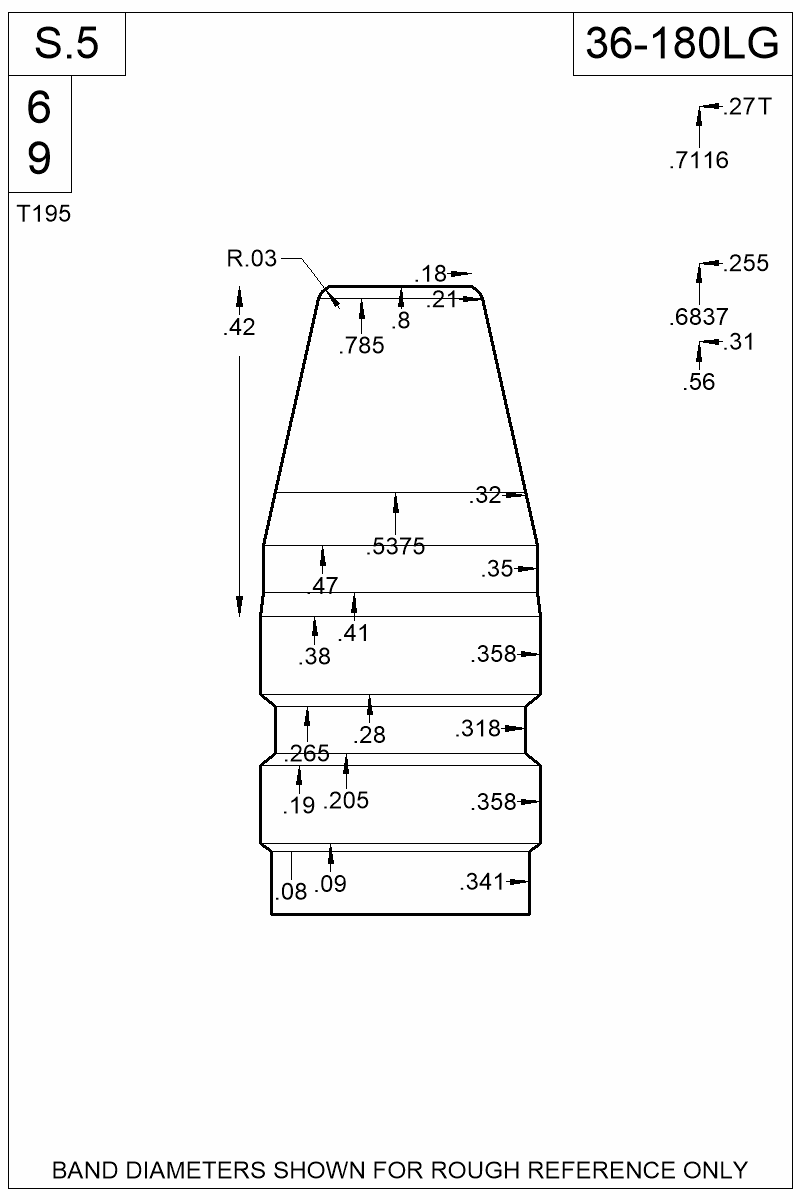 Dimensioned view of bullet 36-180LG