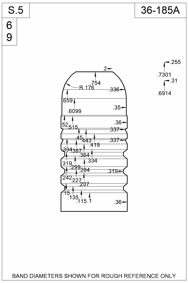 Dimensioned view of bullet 36-185A