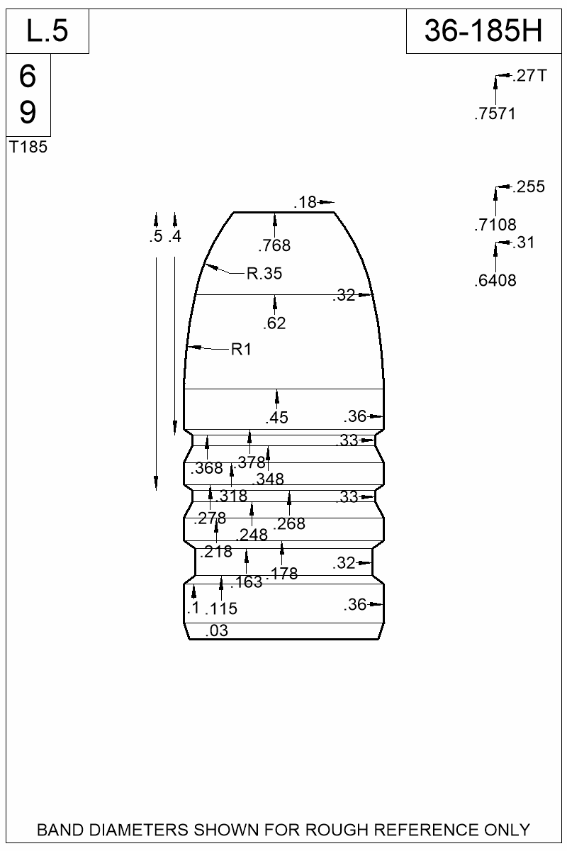 Dimensioned view of bullet 36-185H