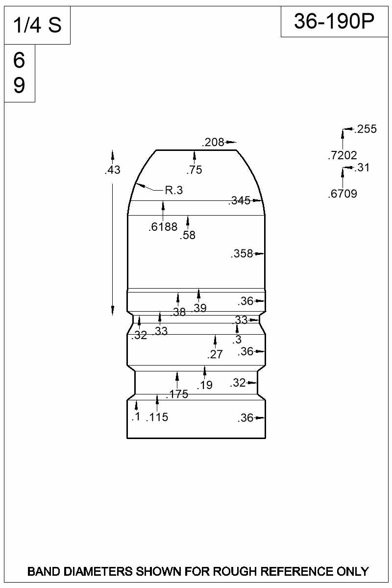 Dimensioned view of bullet 36-190P