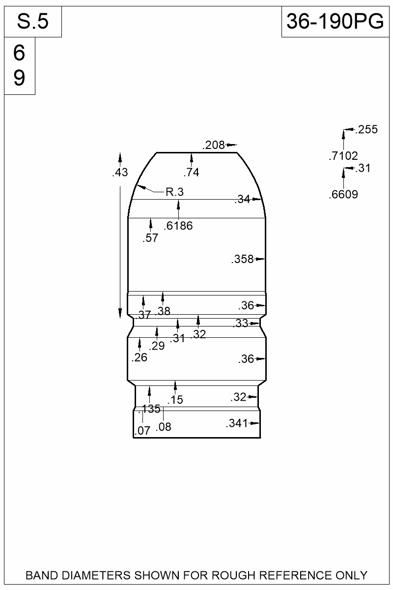 Dimensioned view of bullet 36-190PG