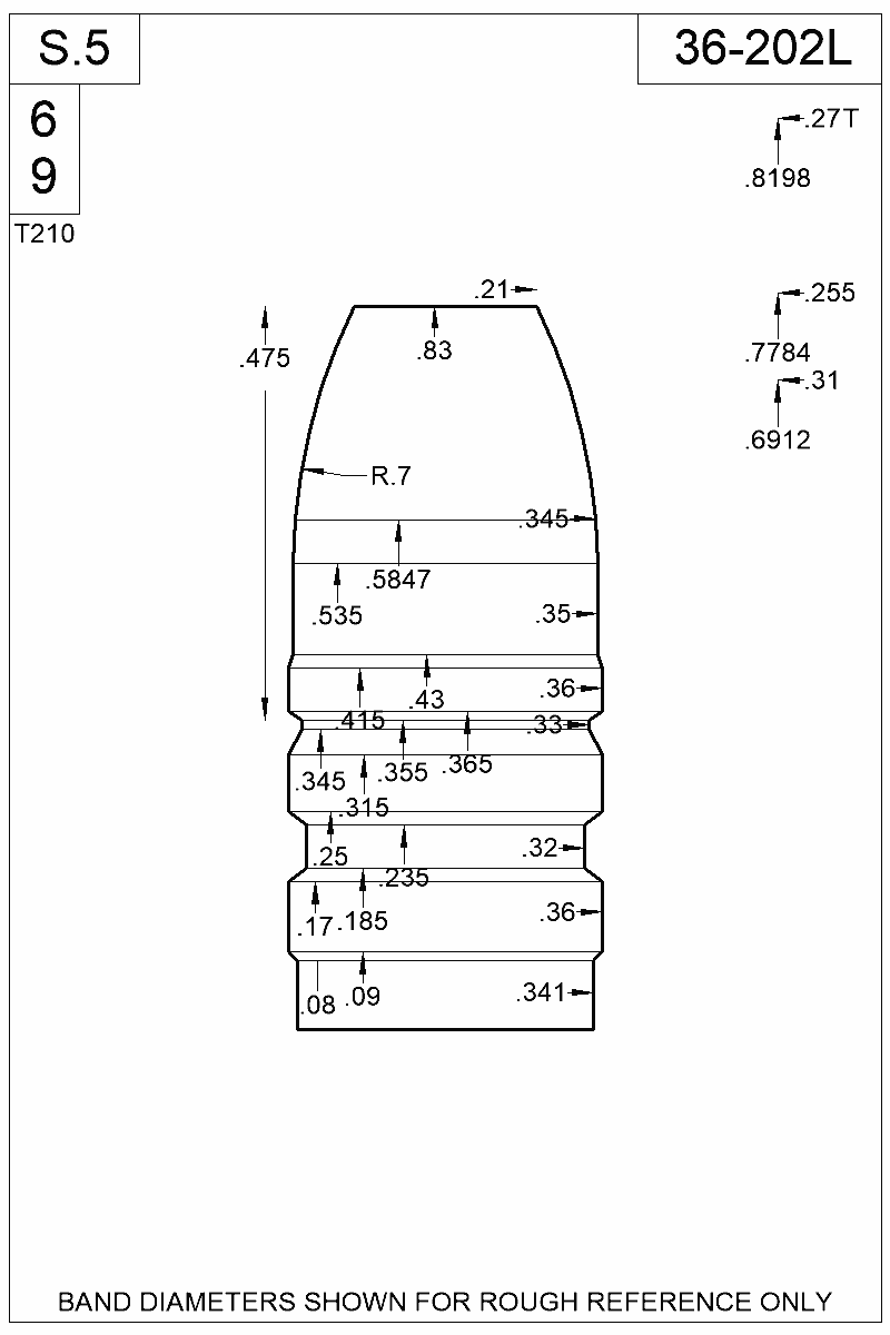 Dimensioned view of bullet 36-202L