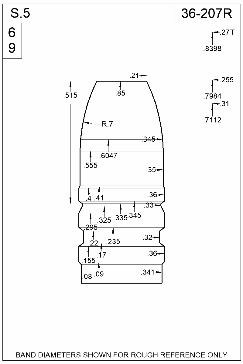 Dimensioned view of bullet 36-207R
