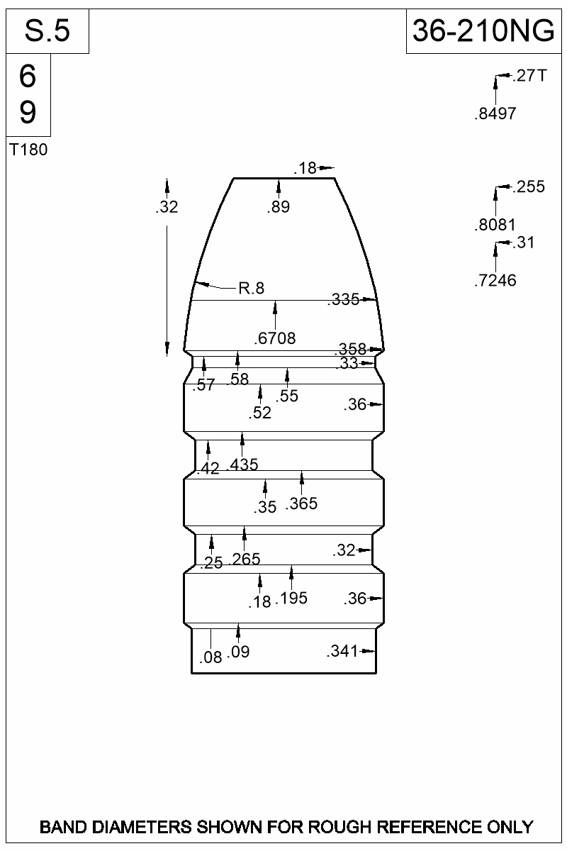 Accurate Molds catalog #36-210NG Dimensioned view of bullet 36-210NG