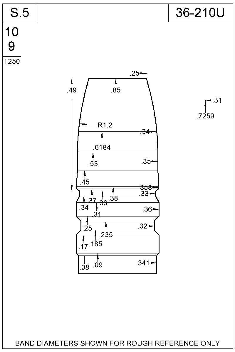 Dimensioned view of bullet 36-210U
