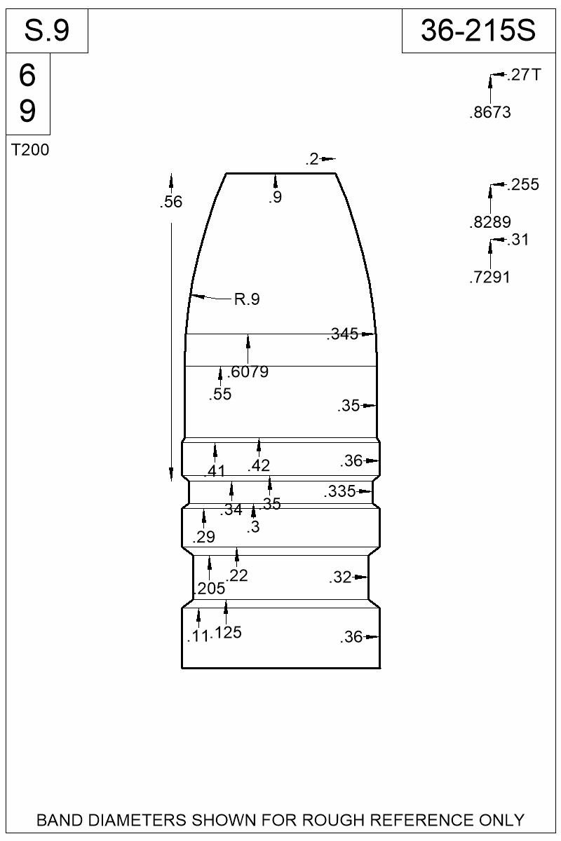 Dimensioned view of bullet 36-215S
