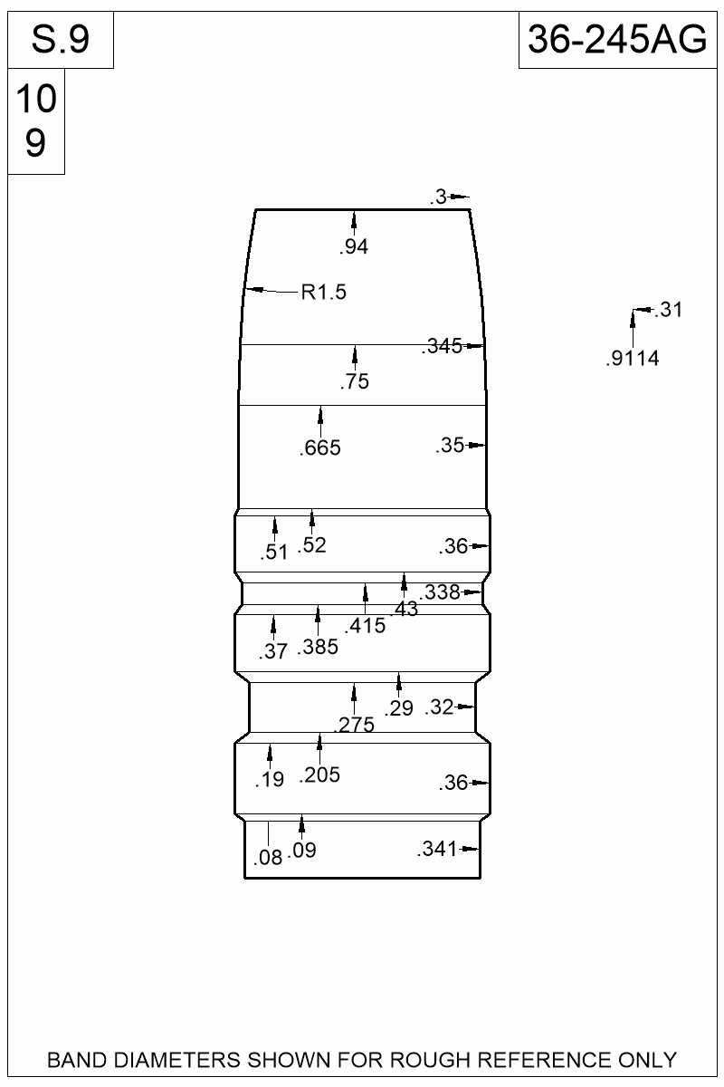 Dimensioned view of bullet 36-245AG