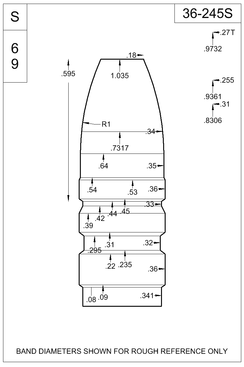 Dimensioned view of bullet 36-245S