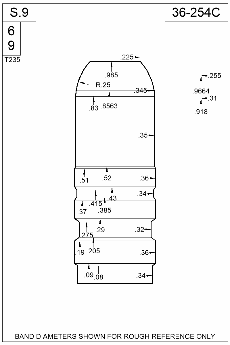 Dimensioned view of bullet 36-254C
