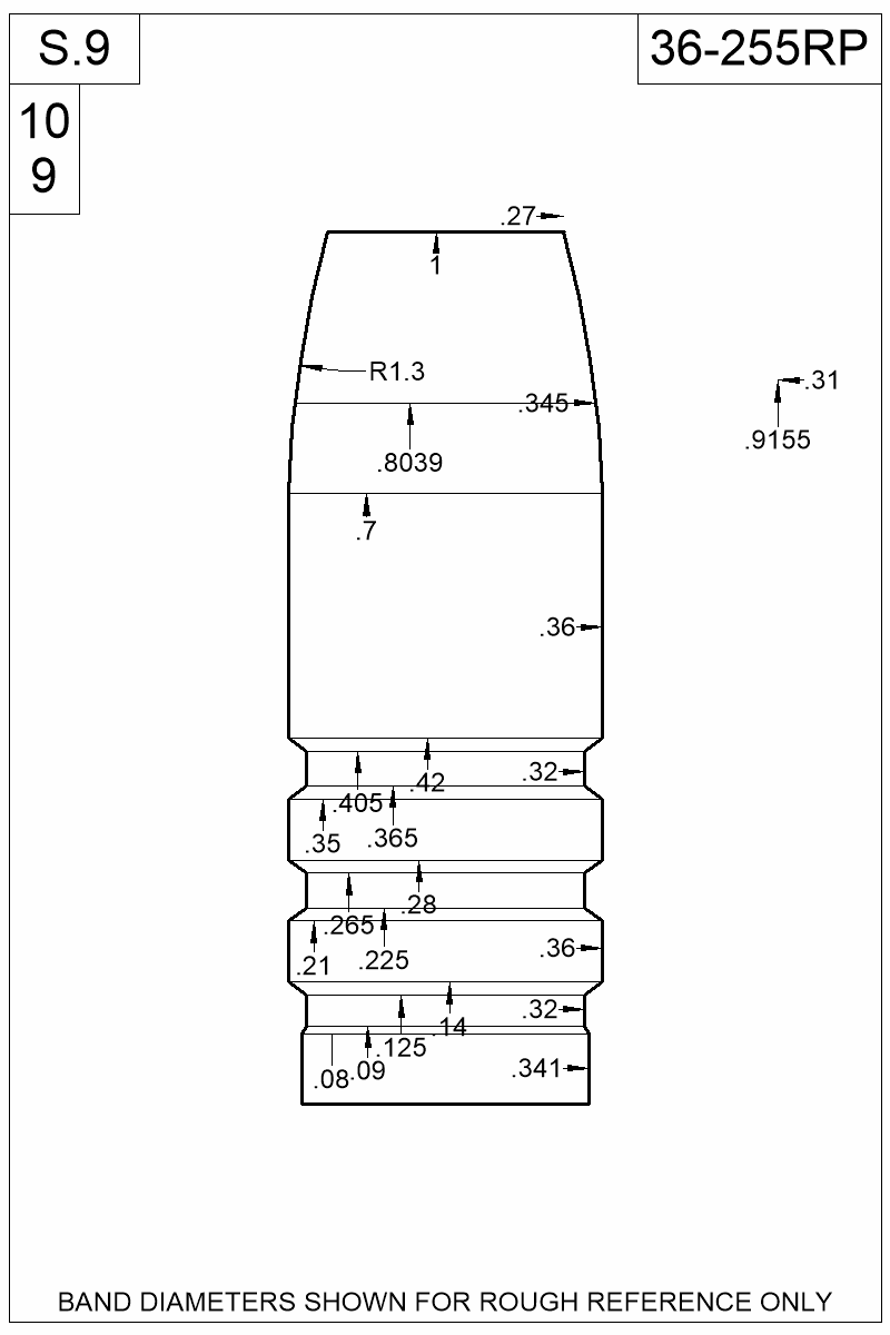 Dimensioned view of bullet 36-255RP