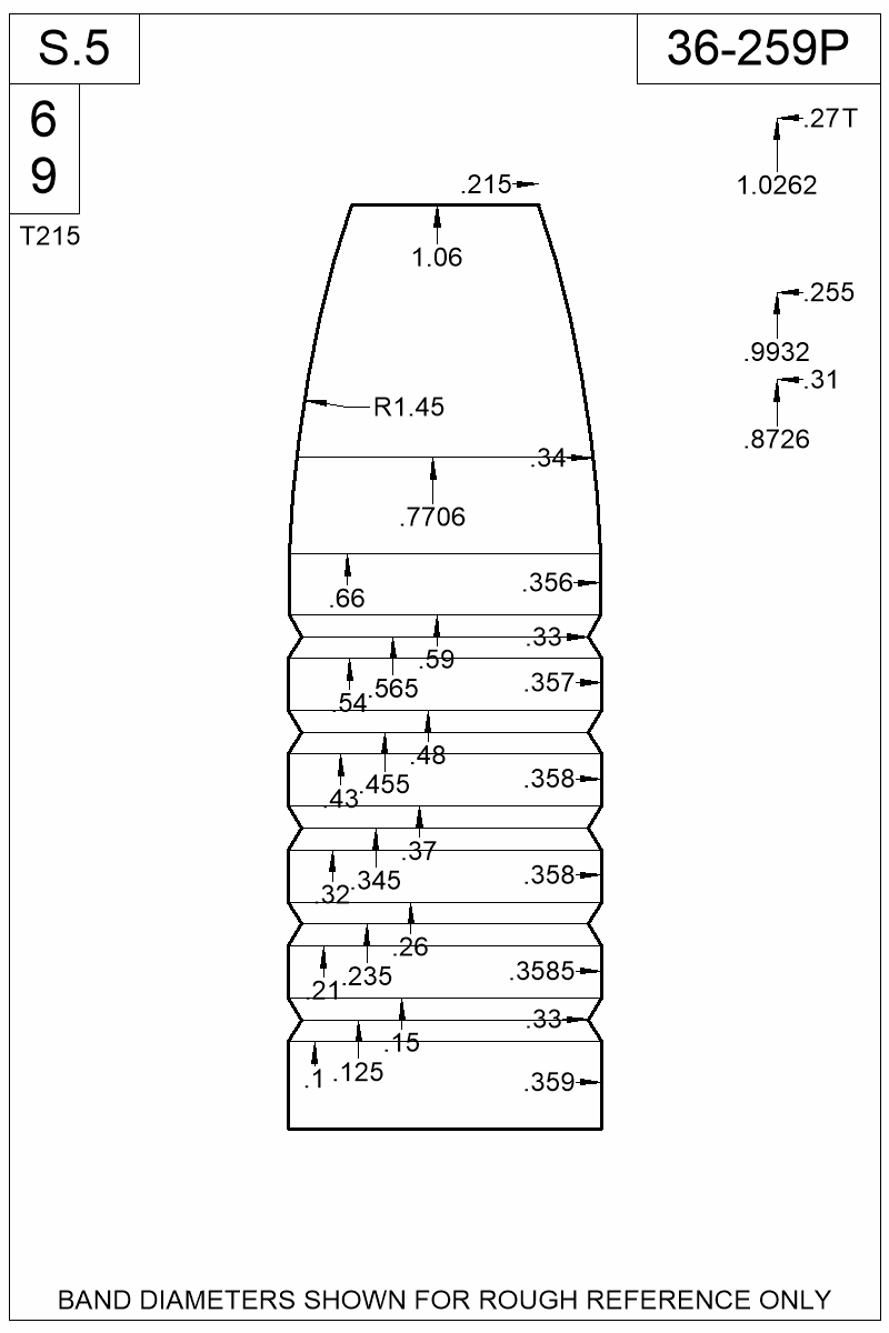Dimensioned view of bullet 36-259P