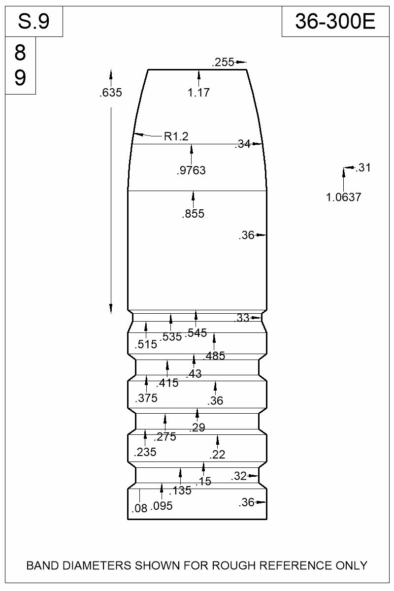 Dimensioned view of bullet 36-300E