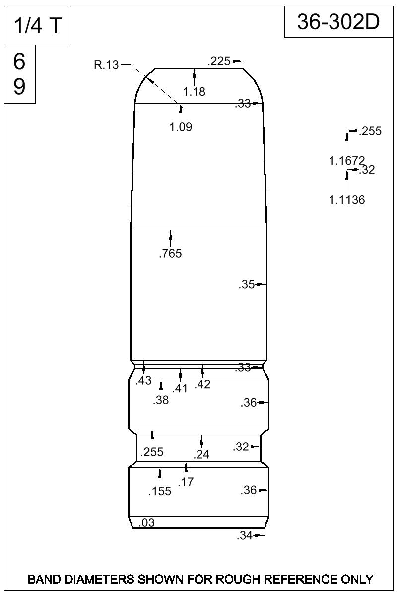 Dimensioned view of bullet 36-302D