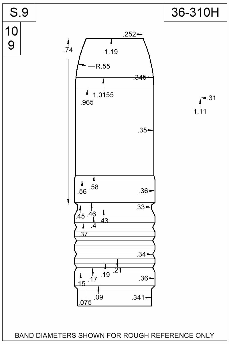 Dimensioned view of bullet 36-310H